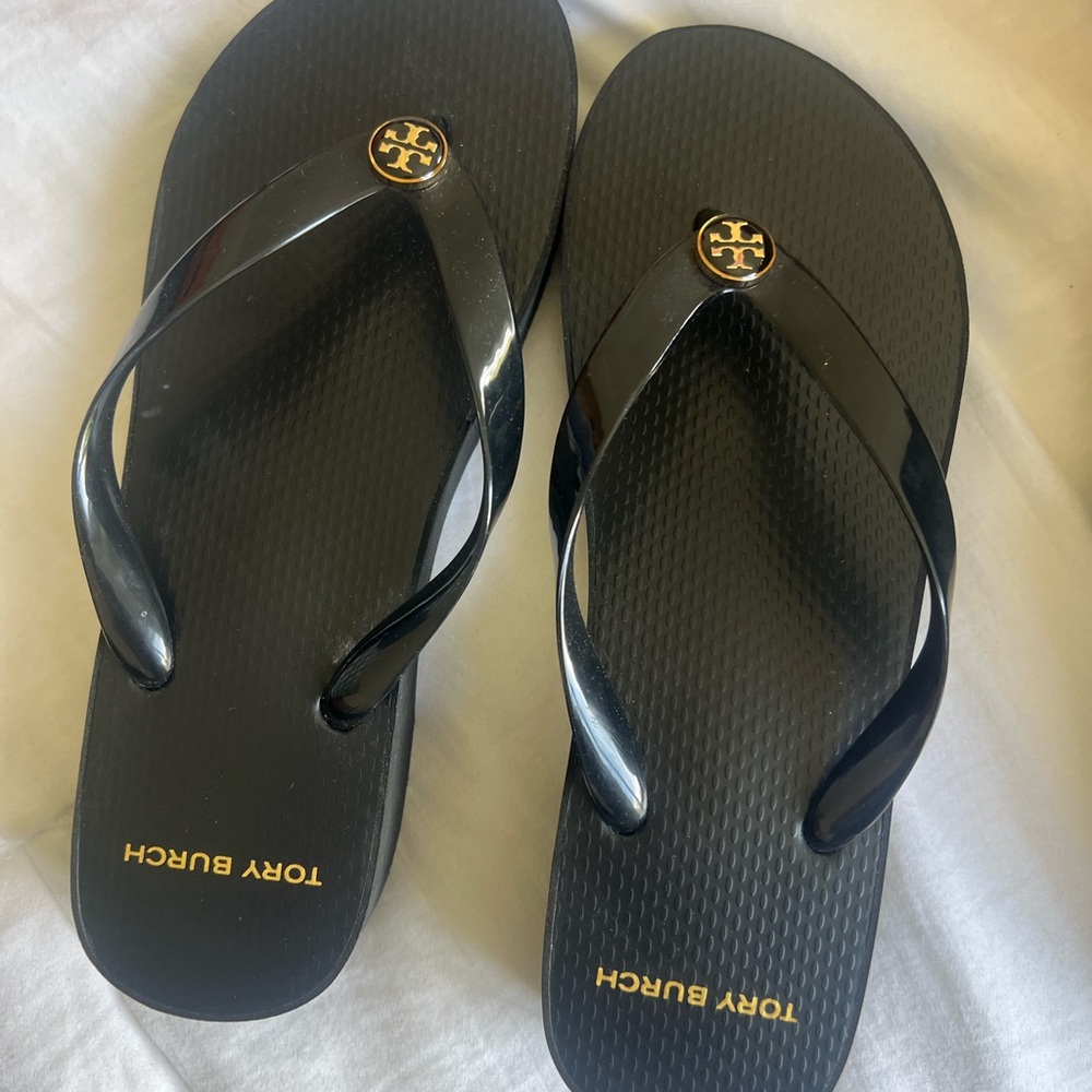 Tory Burch Black Flip Flop Sandals with Gold Logo